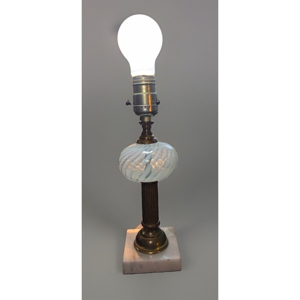 Vintage Fenton French Opalescent Swirl Glass Lamp, Marble Base Brass Mid-Century